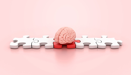 Brain with Jigsaw Puzzle Pieces - Color Background - 3D rendering