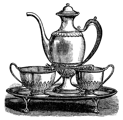 Silver tea set. Vintage etching circa 19th century.