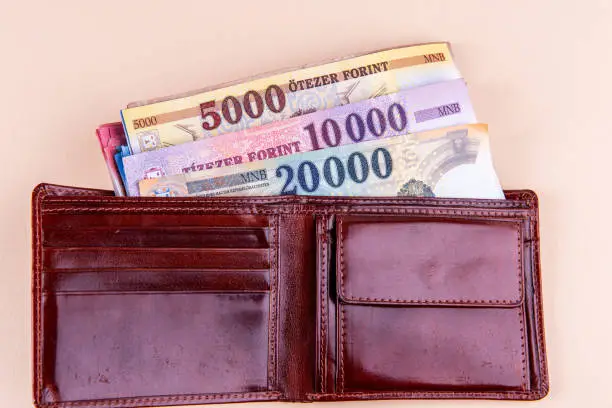 Hungarian HUF banknotes in brown leather wallet