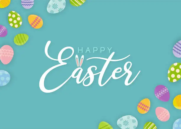 Vector illustration of Easter poster, background with rabbit ears and frame eggs. Vector