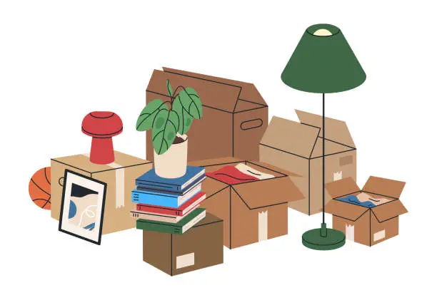 Vector illustration of Carton moving boxes. New house boxes with personal stuff, cardboard boxes with pot plant, books and lamp flat vector illustration. Moving box with things
