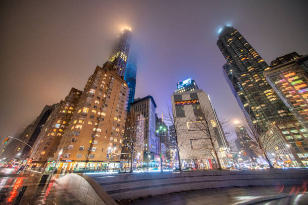 New York City - December 2, 2018: Columbus Circle skyscrapers at night, Midtown Manhattan