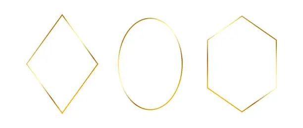 Vector illustration of Golden thin frames set. Gold geometric borders in art deco style. Thin linear diamond, ellipse and rhombus collection. Yellow glowing shiny boarder element pack. Vector bundle for photo, cadre, decor