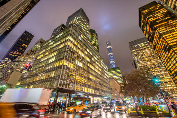 New York City - November 30, 2018: Buildings and lights along Park Avenue at night