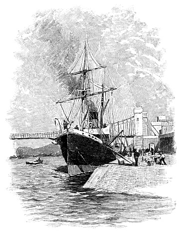 Tall ship docked along the Rhone River at Tarascon, France. Vintage etching circa 19th century.