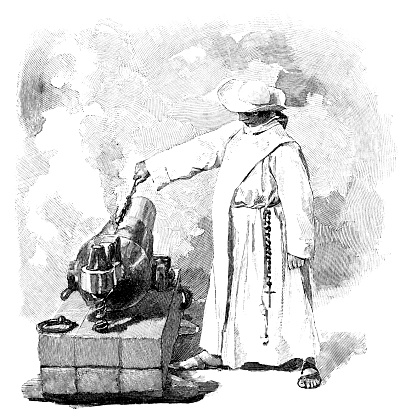 A priest igniting a cannon. Vintage etching circa 19th century.