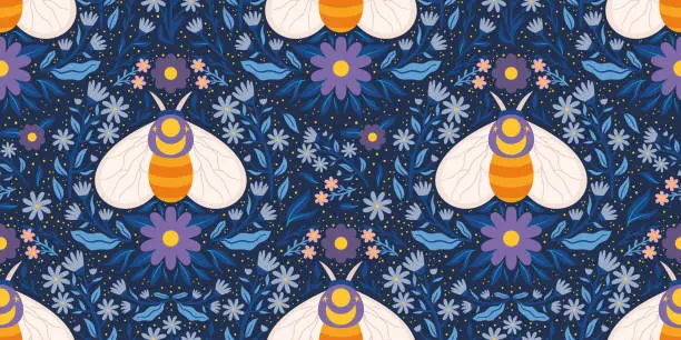 Vector illustration of Seamless pattern showcasing a whimsical moth, flowers, and leaves in blue palette. Scandi style delicate folk recurring design for fabric printing, wrapping paper, and various purposes.