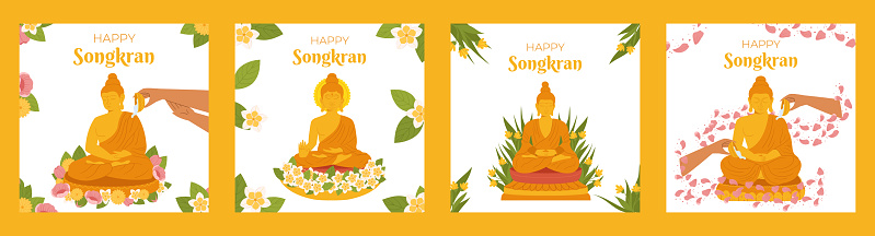 Songkran festival, traditional shower the monk sculpture, Thailand New Year. Hand Pouring water Buddha statue. Vector Square social media post template collection in flat style for celebrating.