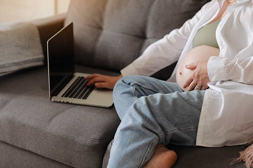 Young pregnant woman caress her big belly and remotely works on laptop at home on sofa, communicating online, browsing internet social media. Business, pregnancy and Internet technology concept