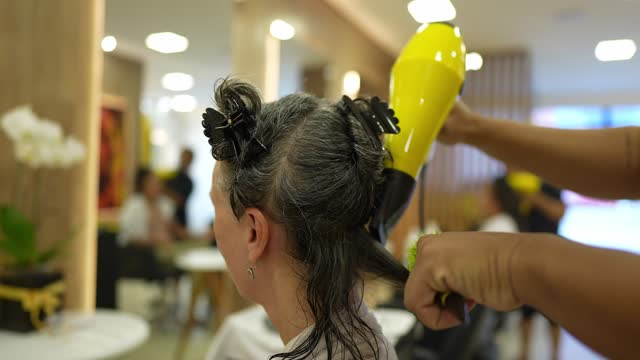 Hairdresser drying customer hair at hair salon