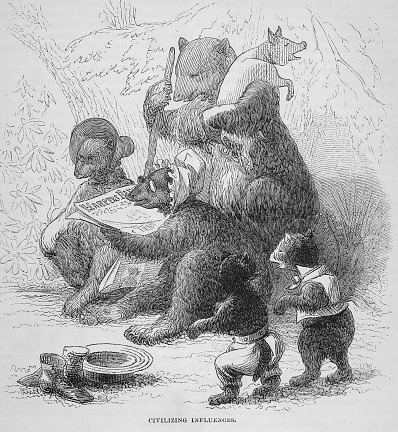 Illustration from Harper's Magazine Volume XLV -June to November 1872  :- A family of bears wear clothes as they get the latest information from a copy of Harper's Bazaar.