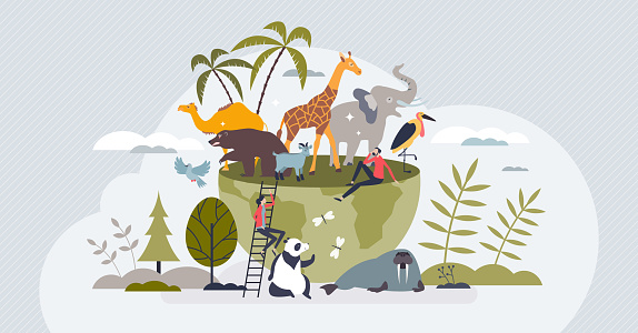 Animals of the world with global biodiversity protection tiny person concept. Planet with exotic fauna and environmental wildlife vector illustration. Eco life exploration and mammal protection.