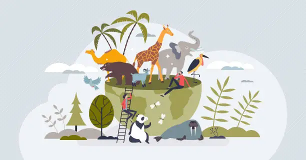 Vector illustration of Animals of the world with global biodiversity protection tiny person concept