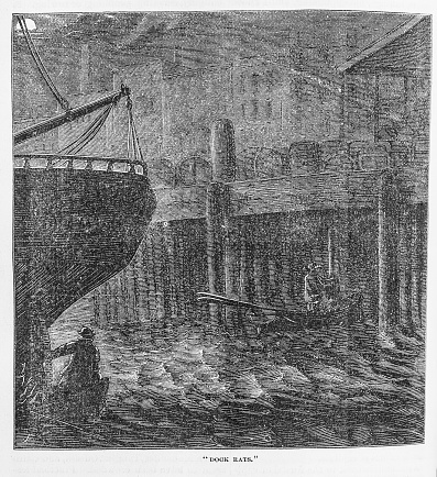 Illustration from Harper's Magazine Volume XLV -June to November 1872  :- Two men in individual rowboats use the cover of darkness to either steal from docked ships in the New York Harbor or take off contraband goods.