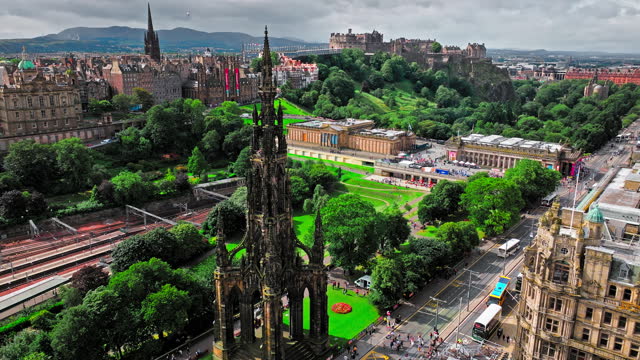 Aerial view of Spirelike Victorian Scott Monument in Edinburgh, Scotland.