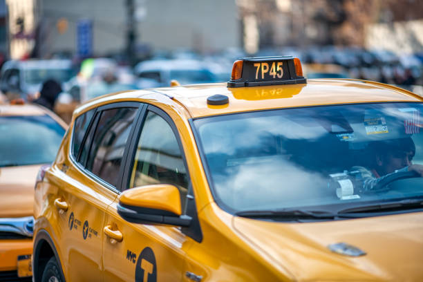 Taxi service concept. Taxi car signboard with wheels. 3D rendering isolated on white background