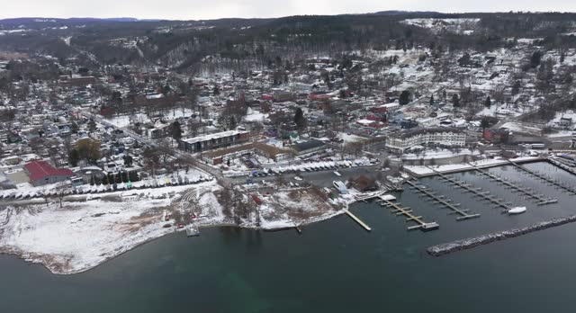 Winter afternoon aerial video of Watkins Glen, NY, south end of Seneca Lake.