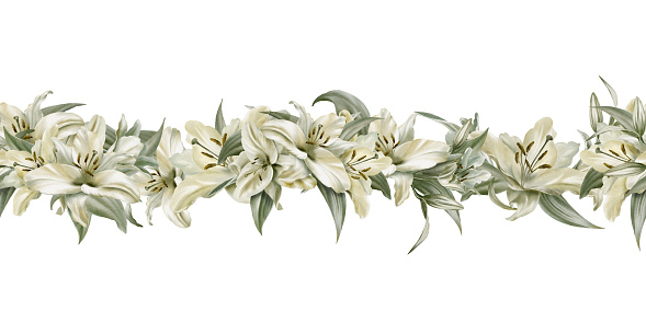 Seamless border of white lilies in digital watercolor clipart.Decoration for sites,wedding, Communion, christening, decoration of religious printed products