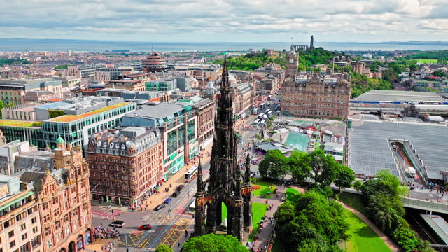 Aerial view of Spirelike Victorian Scott Monument in Edinburgh, Scotland.