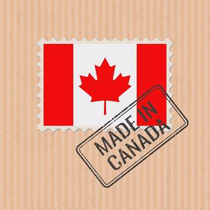Made in Canada badge vector. Sticker with Canadian national flag. Ink stamp isolated on paper background.