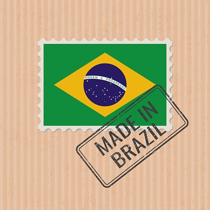 Made in Brazil badge vector. Sticker with Brazilian national flag. Ink stamp isolated on paper background.