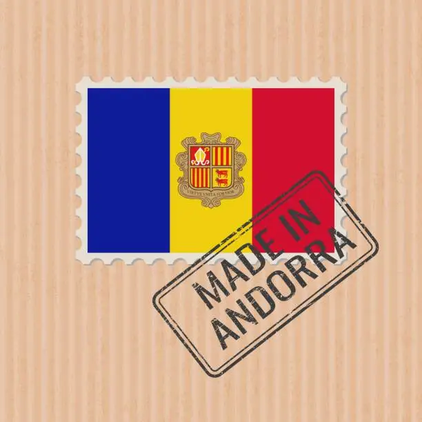 Vector illustration of Made in Andorra badge vector. Sticker with Andorran national flag. Ink stamp isolated on paper background.