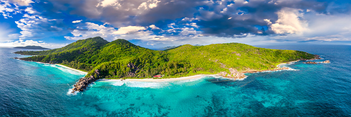 Seychelles, Africa. Panoramic aerial view of La Digue Island on a sunny day.