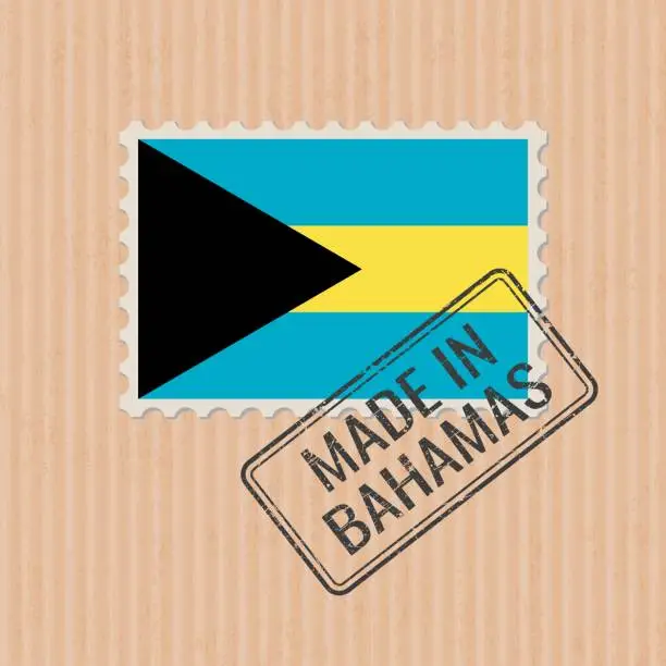 Vector illustration of Made in Bahamas badge vector. Sticker with Bahamian national flag. Ink stamp isolated on paper background.