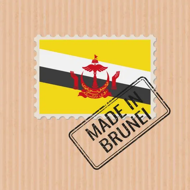 Vector illustration of Made in Brunei badge vector. Sticker with Bruneian national flag. Ink stamp isolated on paper background.