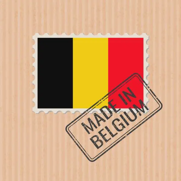 Vector illustration of Made in Belgium badge vector. Sticker with Belgian national flag. Ink stamp isolated on paper background.