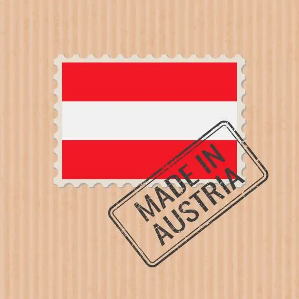 Vector illustration of Made in Austria badge vector. Sticker with Austrian national flag. Ink stamp isolated on paper background.