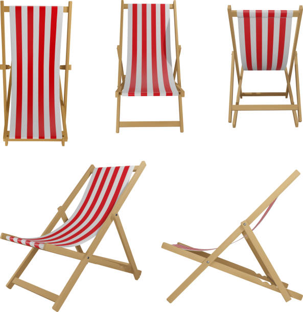 deck chair 3d illustration. isolated beach chair with red and white stripes deck chair 3d illustration. isolated beach chair with red and white stripes vector red beach chairs stock illustrations
