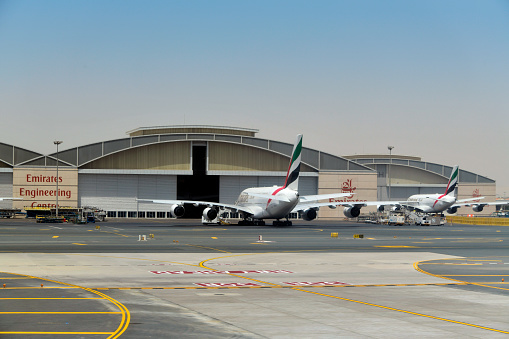 Al Garhoud district, Dubai: Airbus A380 at Emirates Engineering Centre, supports the world’s largest fleet of Airbus and Boeing aircraft, operated by Emirates and the fleets of about thirty other airlines through third-party maintenance contracts - Dubai International Airport.