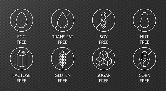 Allergen free. Allergen free products collection. Allergen free ingredients icons. Products warning symbols.
