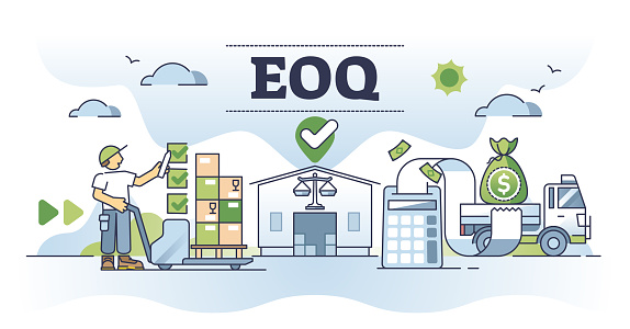 EOQ or economical order quantity for right budget balance outline concept. Inventory holding and best price calculation formula for warehouse product supply vector illustration. Shipping management.