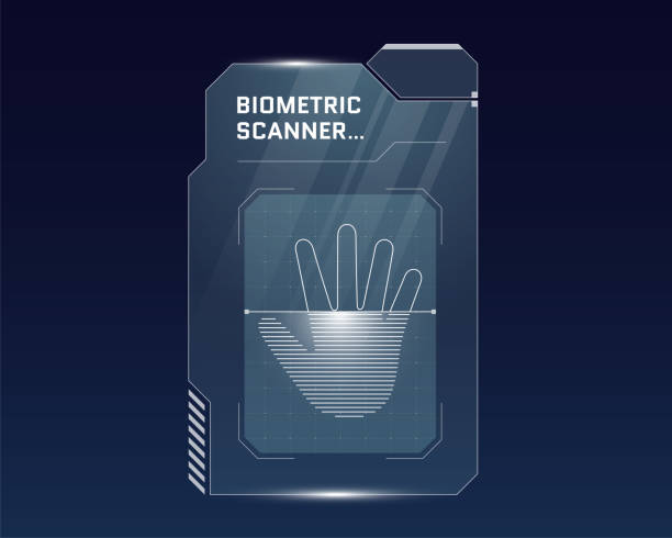 ilustrações de stock, clip art, desenhos animados e ícones de hud digital futuristic user palm scan interface panel. high tech protection dashboard. gaming menu hand biometric id recognition. cyberspace fingerprint verification. identity verification. vector - biometrics control panel touching fingerprint