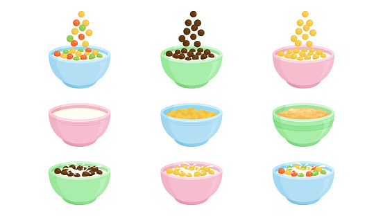 Cereal bowl milk breakfast, porridge and oatmeal food, cornflakes icon, fruit and chocolate granola plate, kids muesli, healthy eating. Cute vector illustration isolated on white background