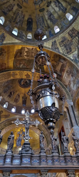 This large Byzantine brass censer, at the Basilica of Saint Mark, San Marco in Italian, in Venice, is one of the most remarkable examples of Byzantine influence in Italy. This is certainly one of the most bautiful churches in the world.
