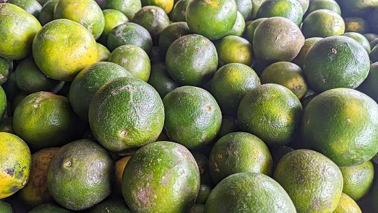 Close-up of a pile of green oranges, some transitioning to yellow, indicating varying degrees of ripeness.