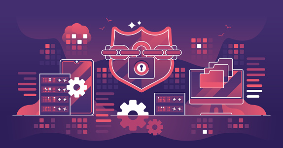 Endpoint security and user device protection from threats outline concept. Prevent client from cyberattacks and hacker attacks with strong firewall, safeguard shield and password vector illustration