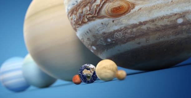 the eight planets of the solar system to scale on a dark blue backgroundmaps from NASE - free to use : https://nasa3d.arc.nasa.gov/images