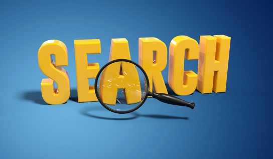 word search with a magnifying glass in front that has a zooming effect - 3D rendering