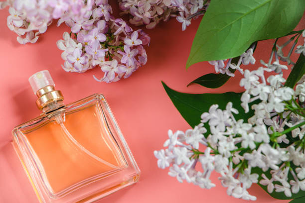 istock Perfume bottle and lilac flowers on pink background. 2079449069