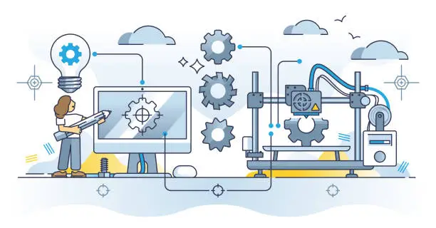 Vector illustration of Rapid prototyping and three dimensional model printing outline concept