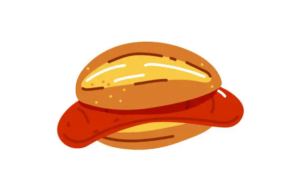 Vector illustration of Bread roll with bratwurst or grilled sausage german traditional barbecue