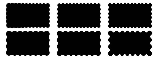 Set or rectangular shapes with squiggly borders. Tags, labels, stamps, crackers, coupons rectangle boxes with curvy, wiggly, wavy edges isolated on white background. Vector flat illustration Set or rectangular shapes with squiggly borders. Tags, labels, stamps, crackers, coupons rectangle boxes with curvy, wiggly, wavy edges isolated on white background. Vector flat illustration. at the edge of stock illustrations