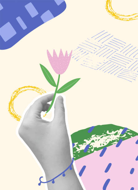 istock Spring collage background. Banner template with hand retro sticker and hand drawn flower. Summer covers with decoration. Vector modern flat mixed media illustration 2079460447