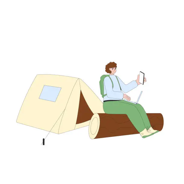 Vector illustration of Young woman with laptop and mobile sitting on the log near tent. Digital nomad and work life balance. Tourist wellbeing isolated on white background. Hiking and camping character. Vector illustration