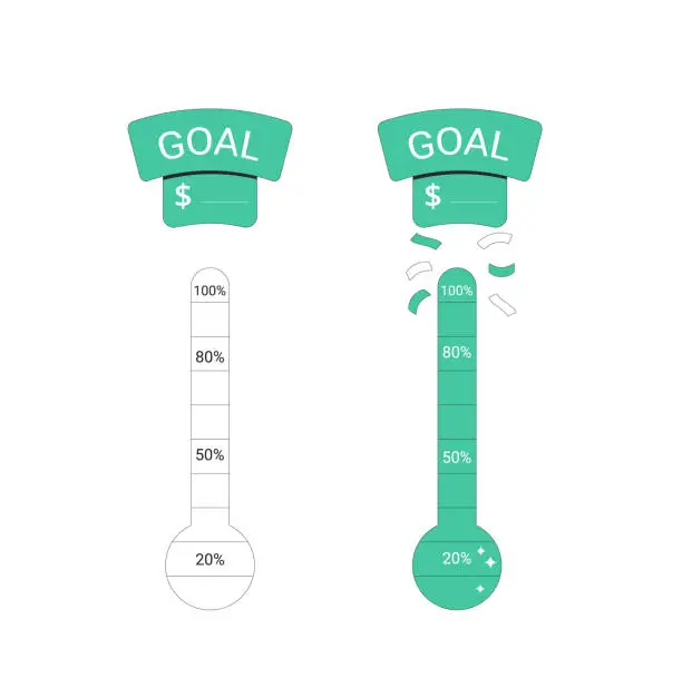 Vector illustration of Financial goal thermometer set. Full and empty money trackers. I