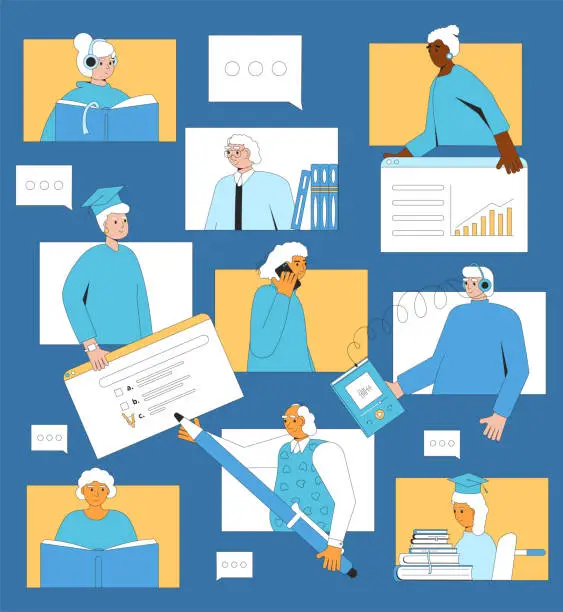 Vector illustration of Senior aged people education research. Retirement science community.